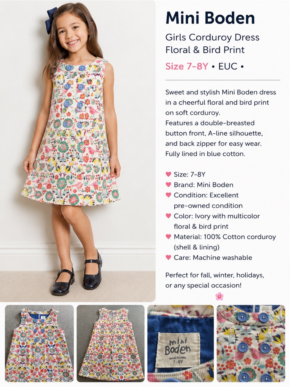 EUC Mini Boden Ivory Floral & Bird Corduroy Dress with Blue Lining